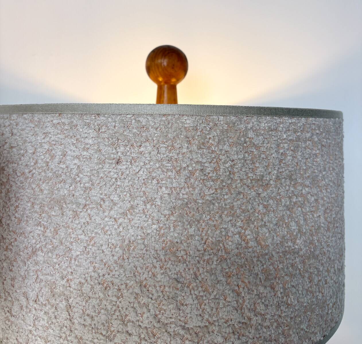Pair of Modern Conical Wooden Table Lamps, Bouclé Lampshade,Italy