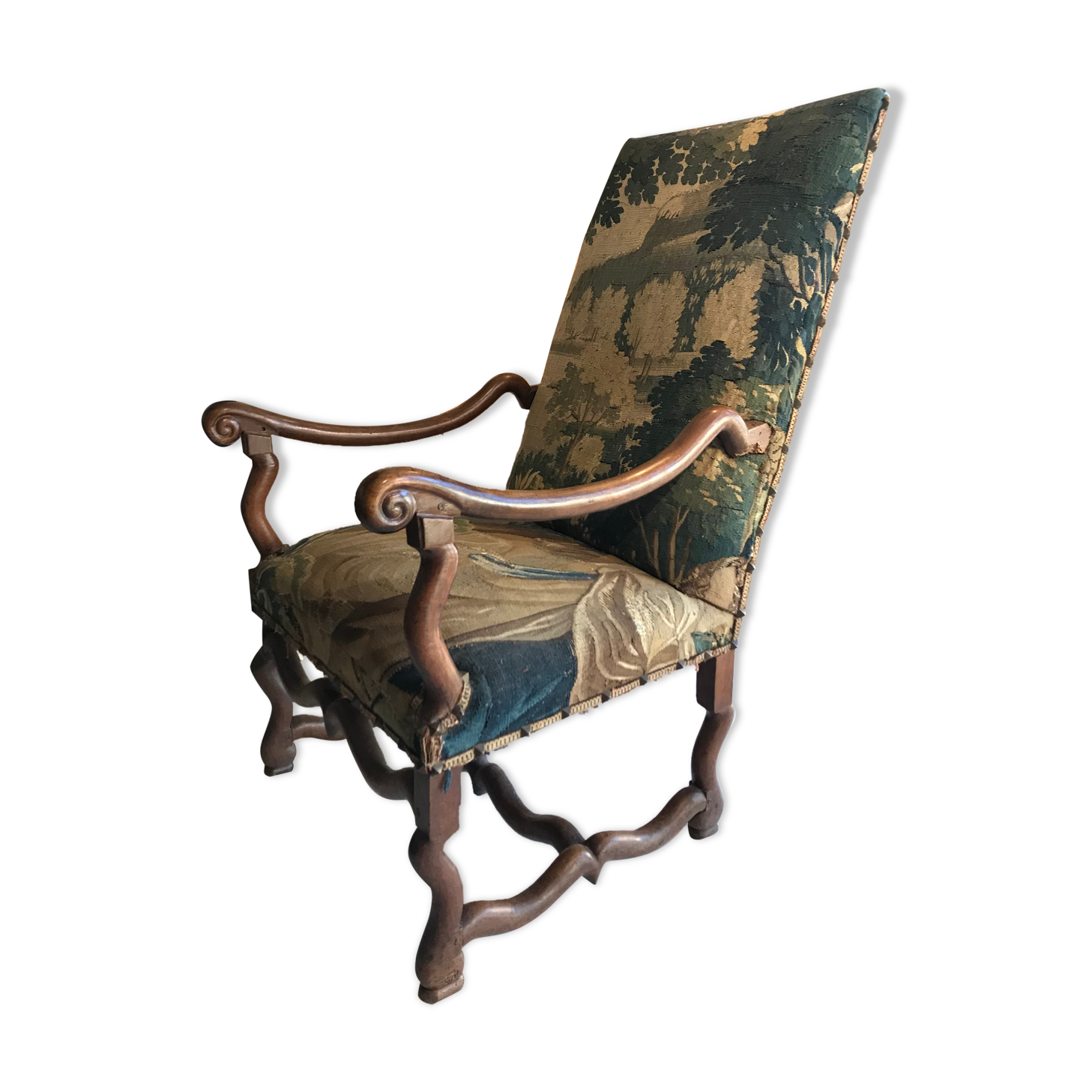 Louis XIII armchair called sheep's bones with aubusson tapestry