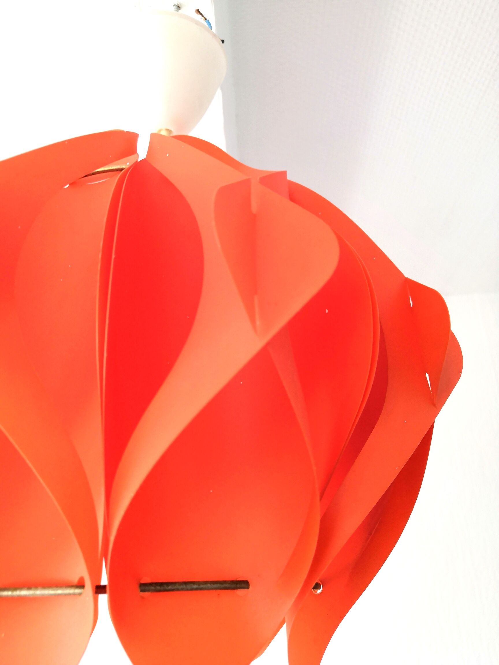 Orange pendant lamp in pleated plastic design 70s