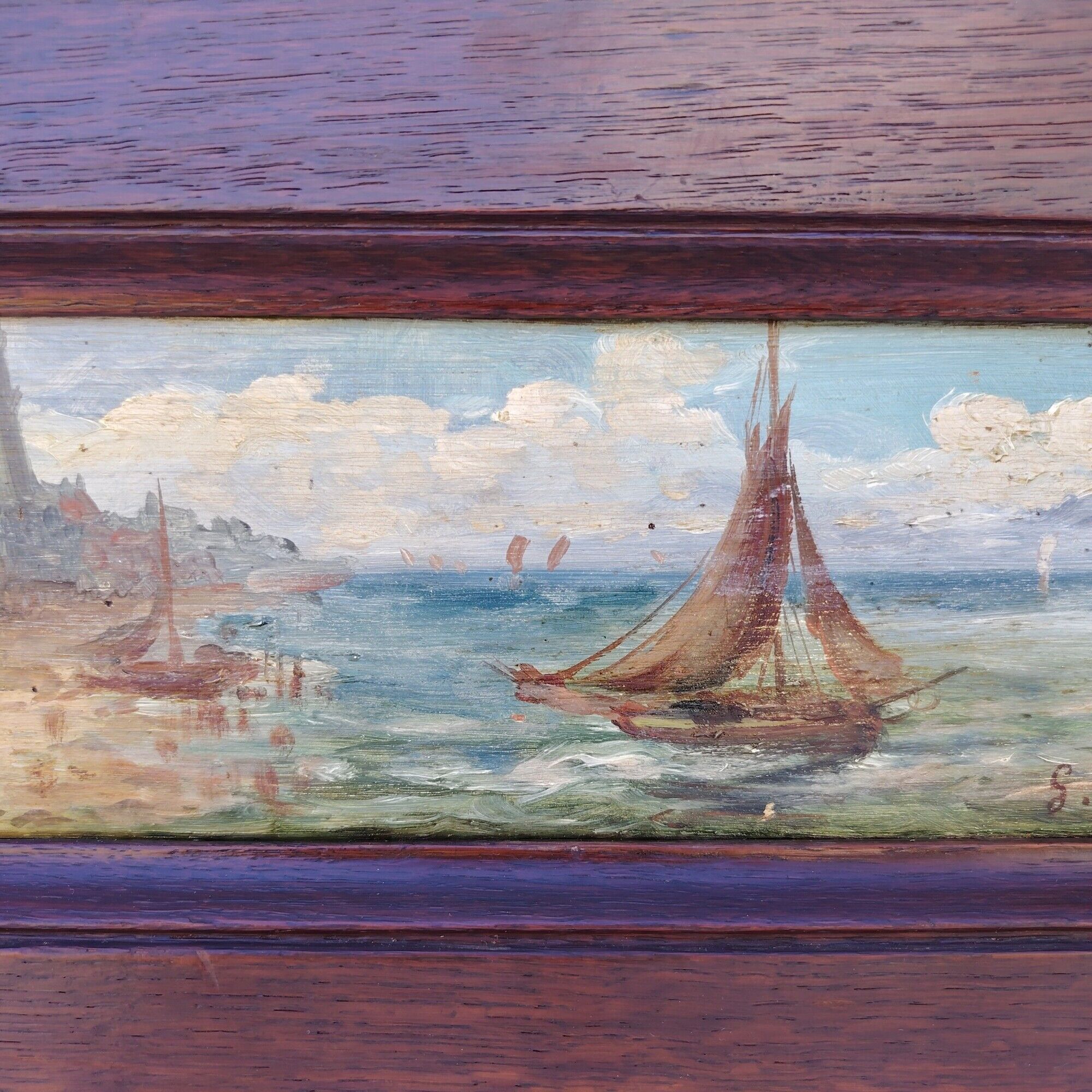 Gouache sur panneau, marine, voilier, S.Leleu