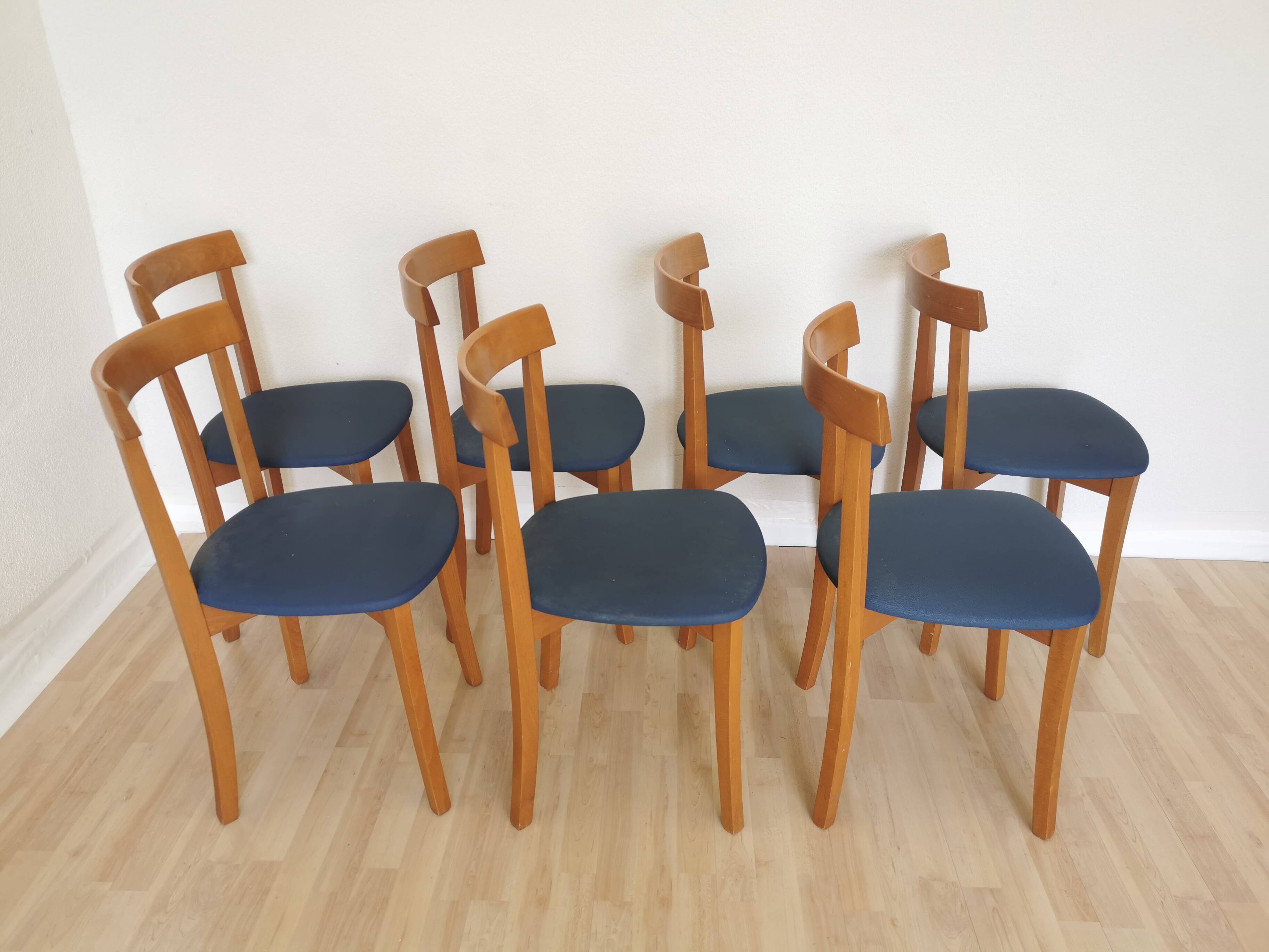 Set of 7 Vintage Calligaris Dining Chair: 1990s Italian Wooden Artek Style