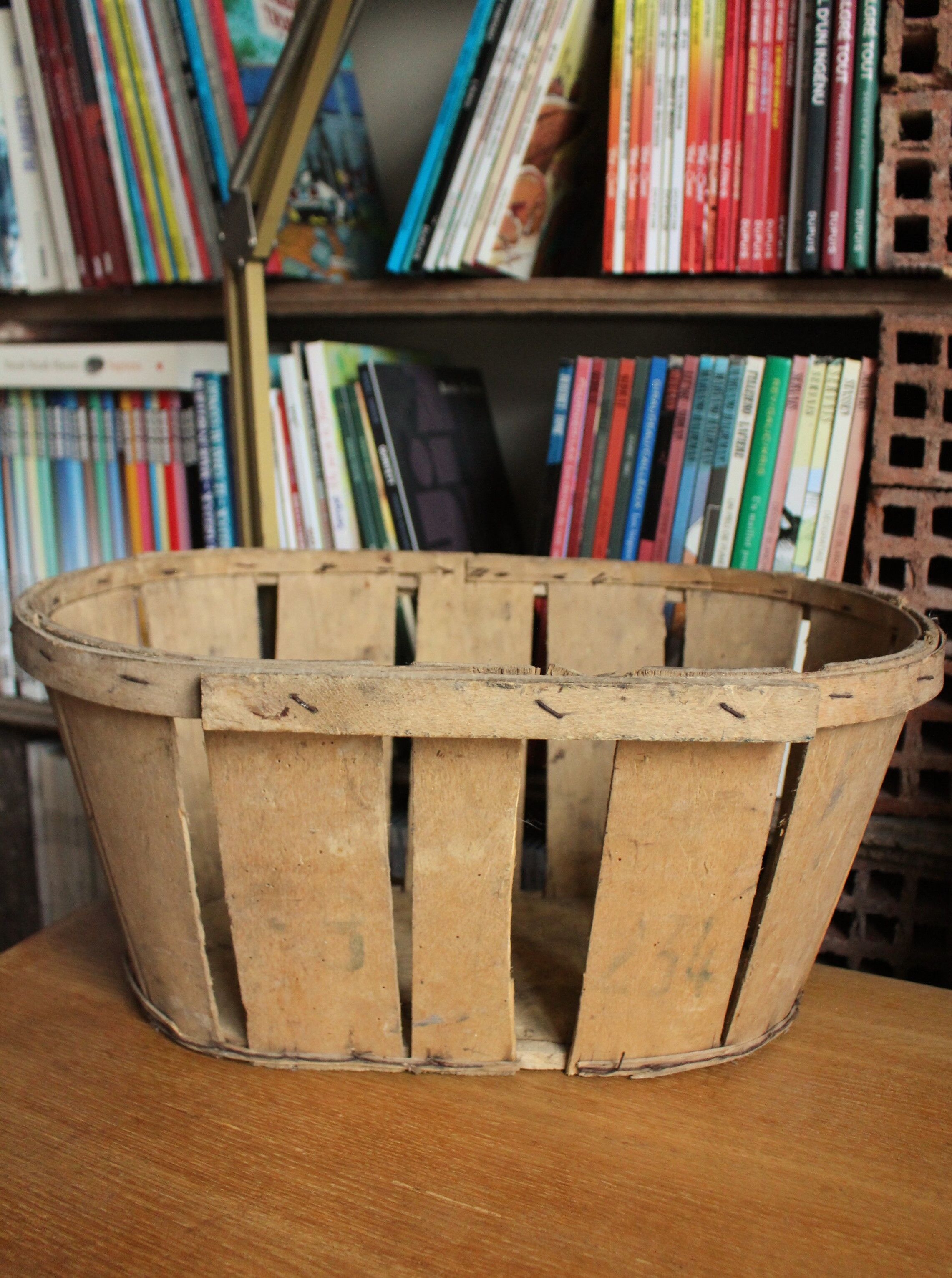Wooden crate with slats strapping stamp mussy red storage