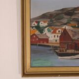 Huile sur panneau suédoise originale du milieu du siècle – ville côtière