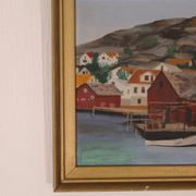 Huile sur panneau suédoise originale du milieu du siècle – ville côtière