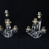 Pair of glass candle holder - Handmade - Signed.