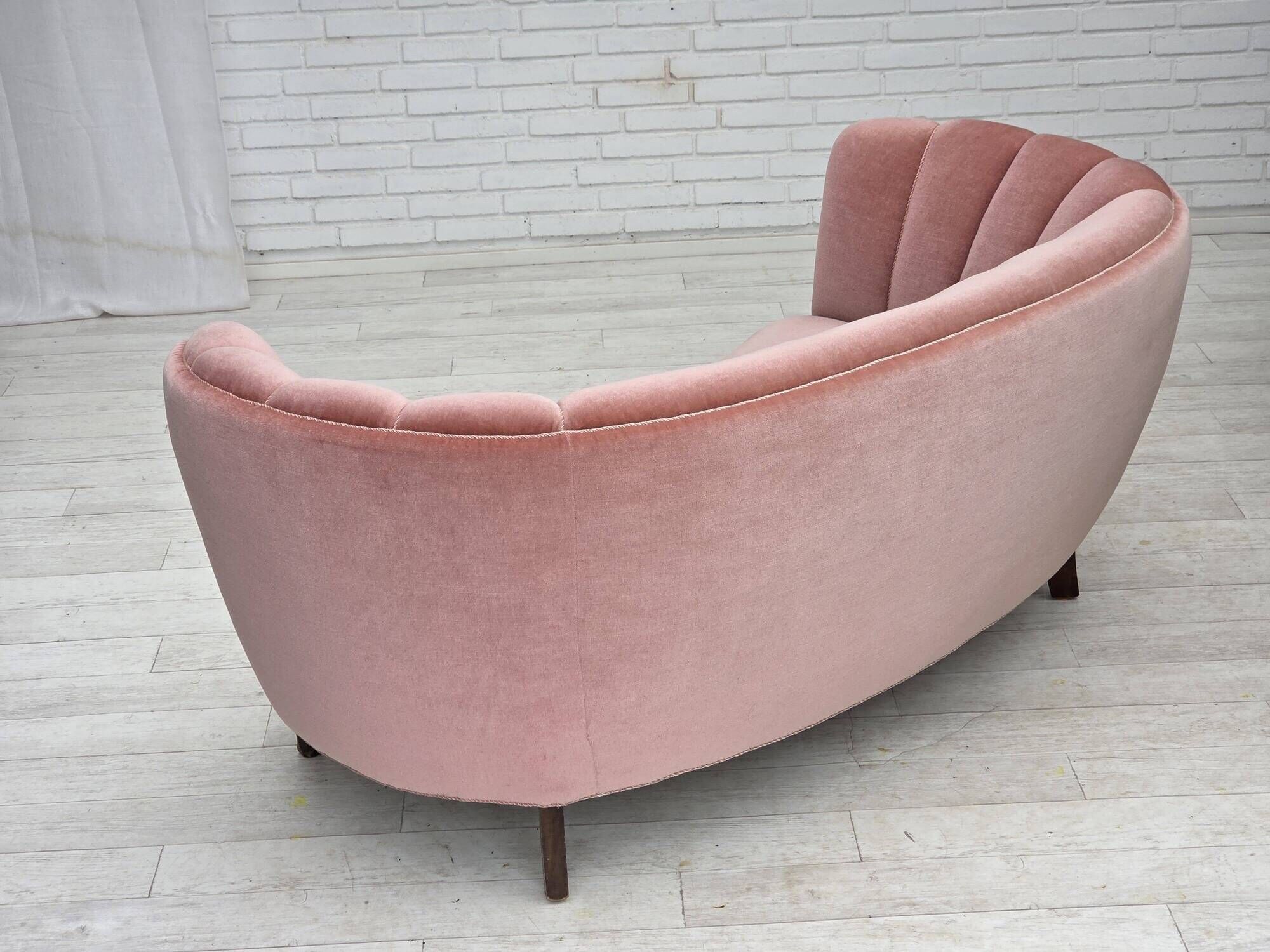 1970s, Danish 2-seater curved sofa, original salmon pink furniture velour.