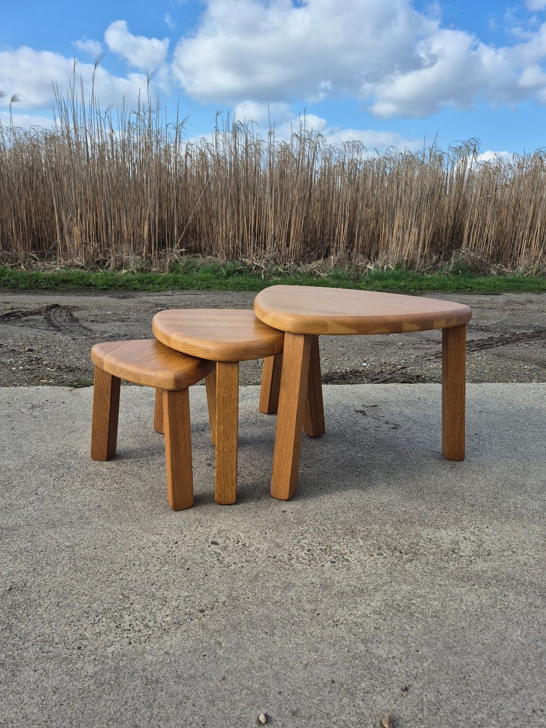 Vintage triangular oak side nesting tables (3)