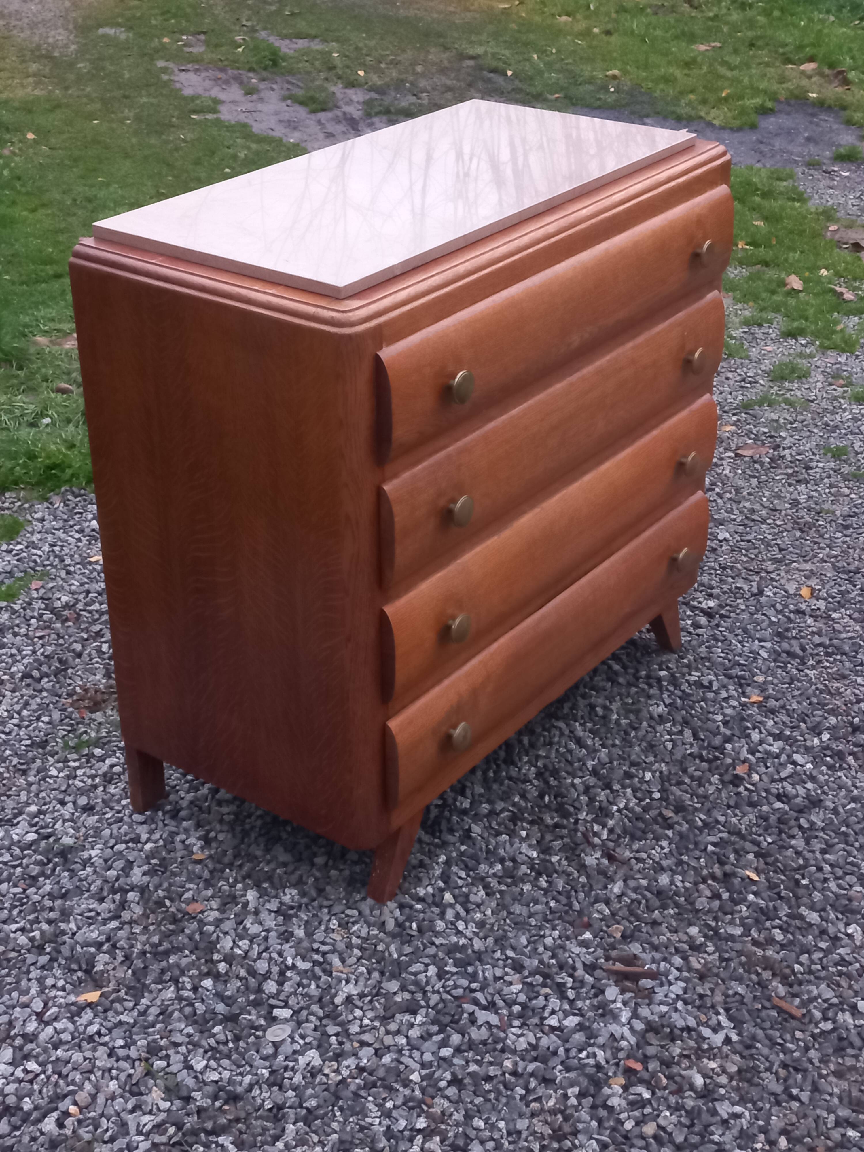 Commode en chêne pieds compas 4 tiroirs, 1950