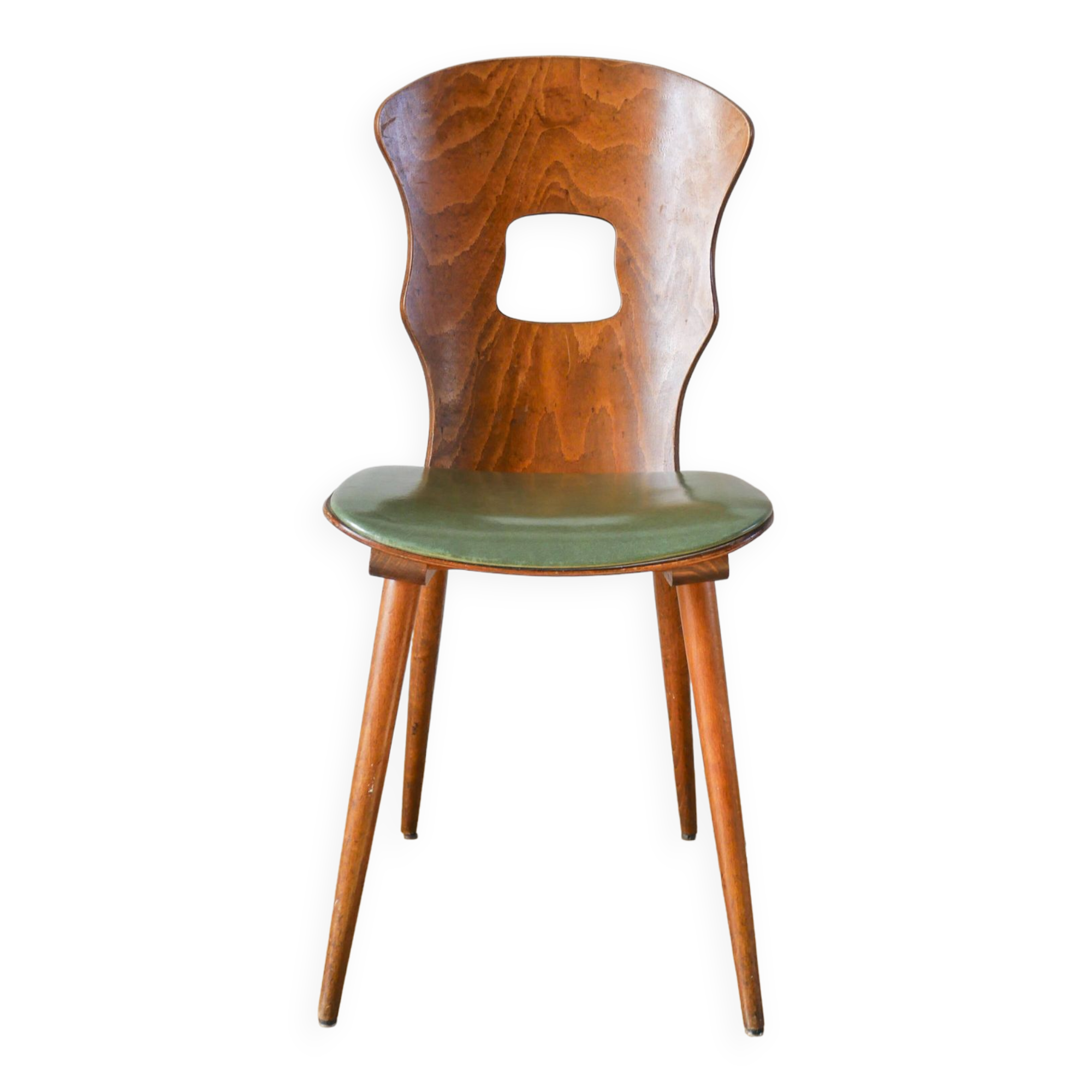 chaise Baumann en bois et skaï modèle Gentiane, 1950