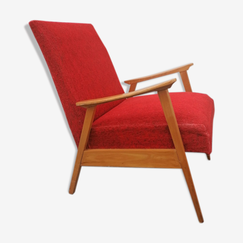 Scandinavian armchair wood and red fabric 1960