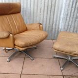 Mid-century vintage high back leather Swivel Armchair with Ottoman, 1970s