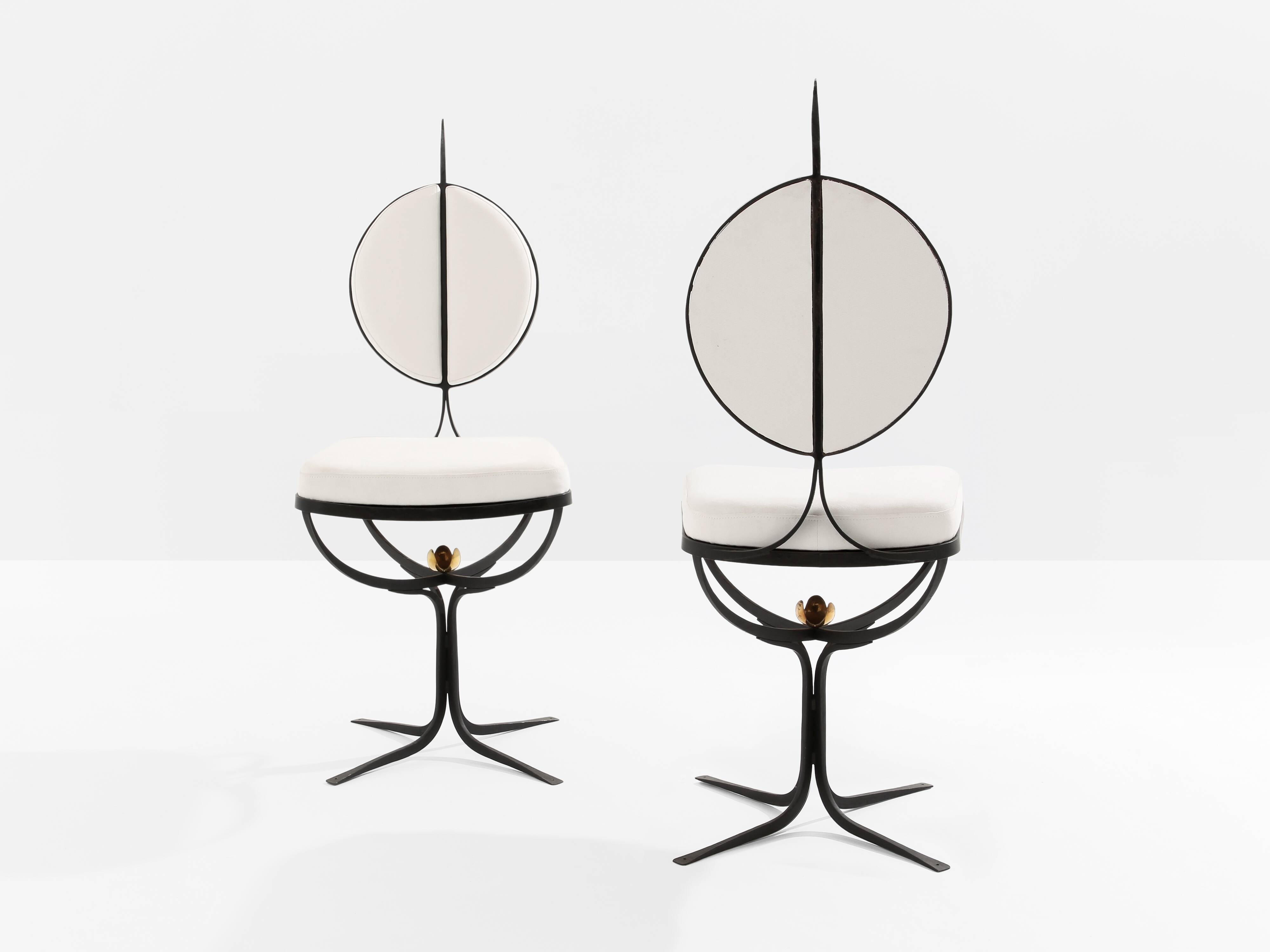 Set of 6 brutalist wrought iron and alcantara chairs from 1990.