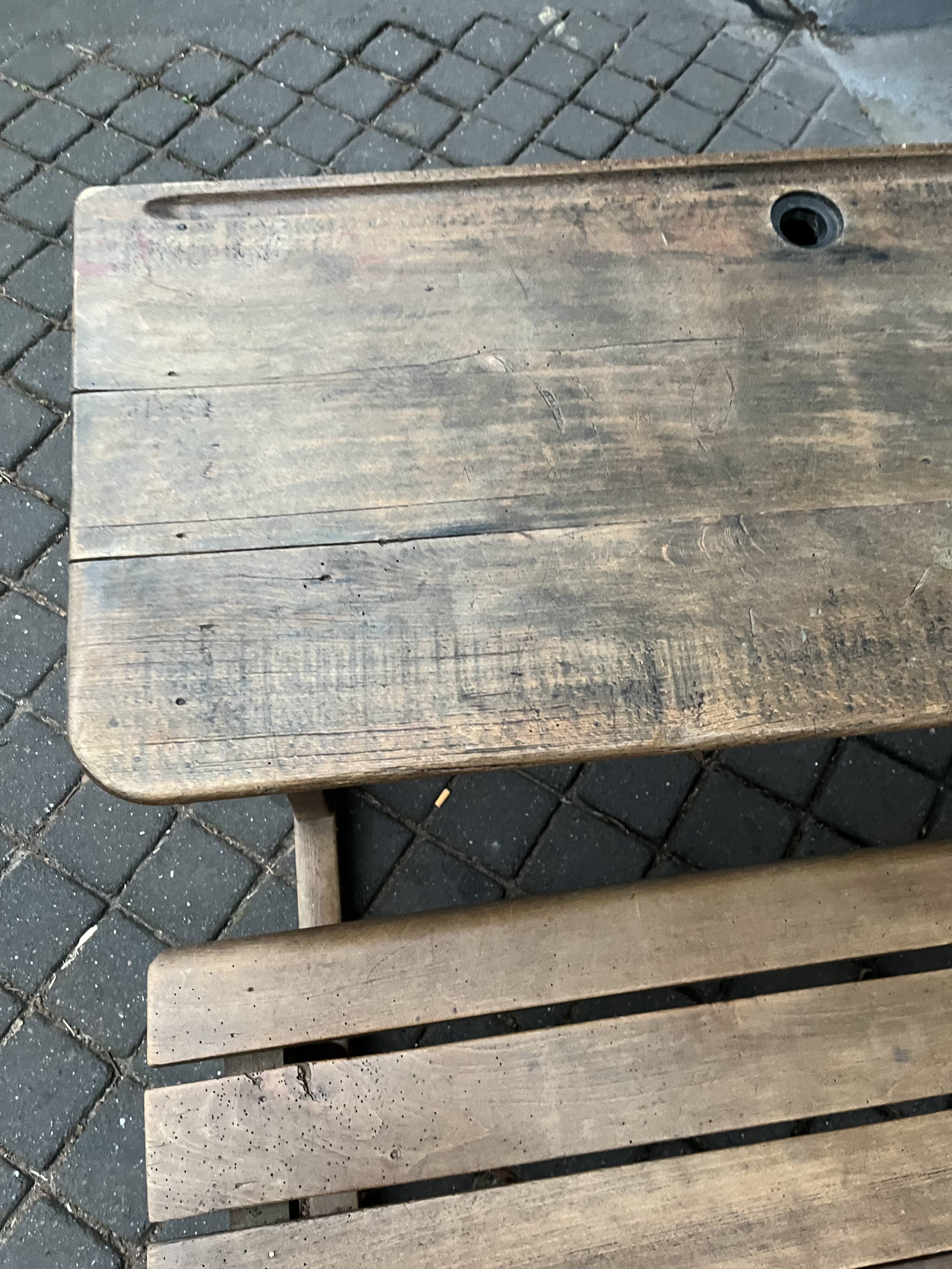 Old double school desk with built-in bench