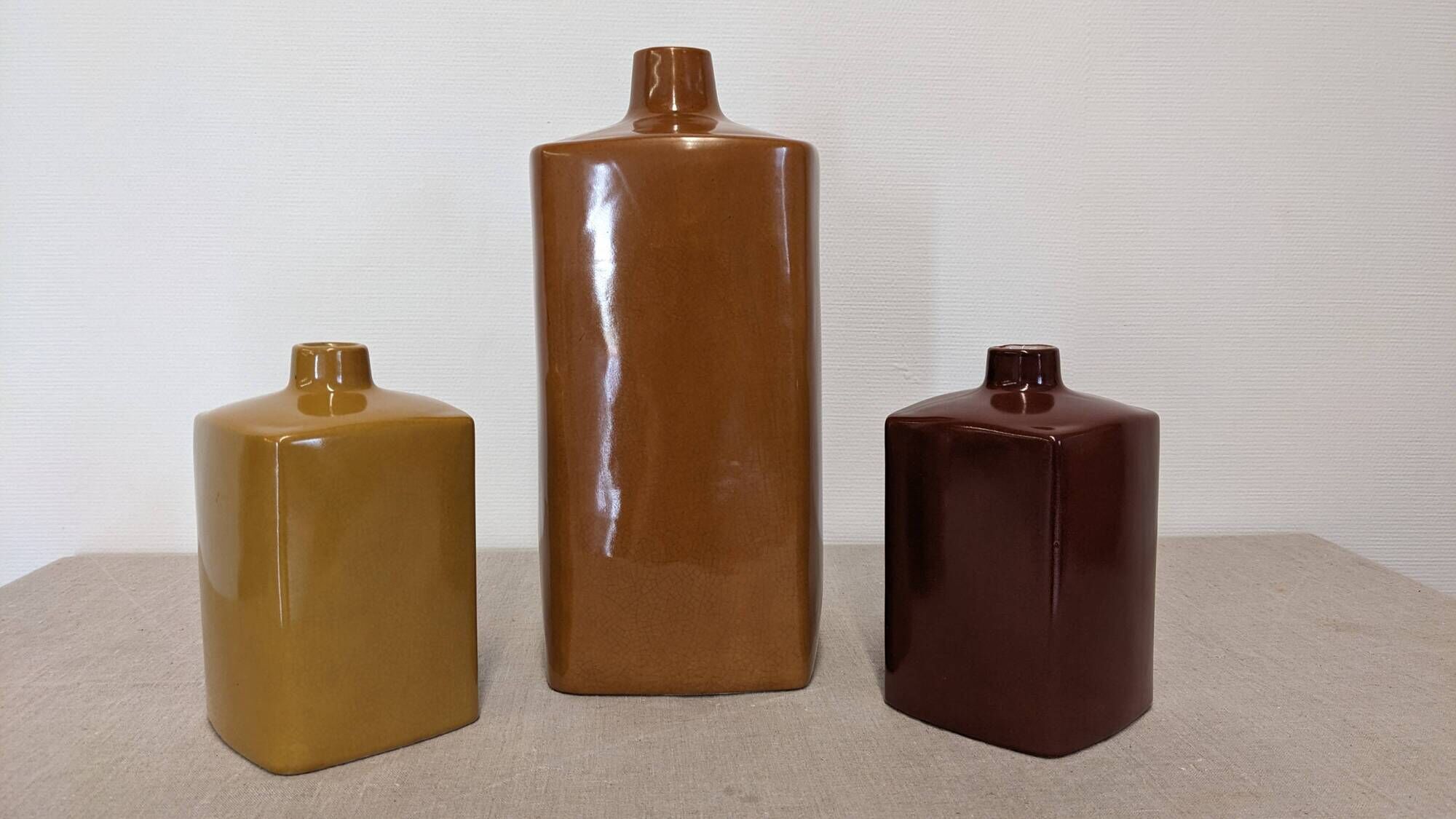 Set of 3 coloured earthenware vases Les Jardins d'Ulysse, France circa 1990