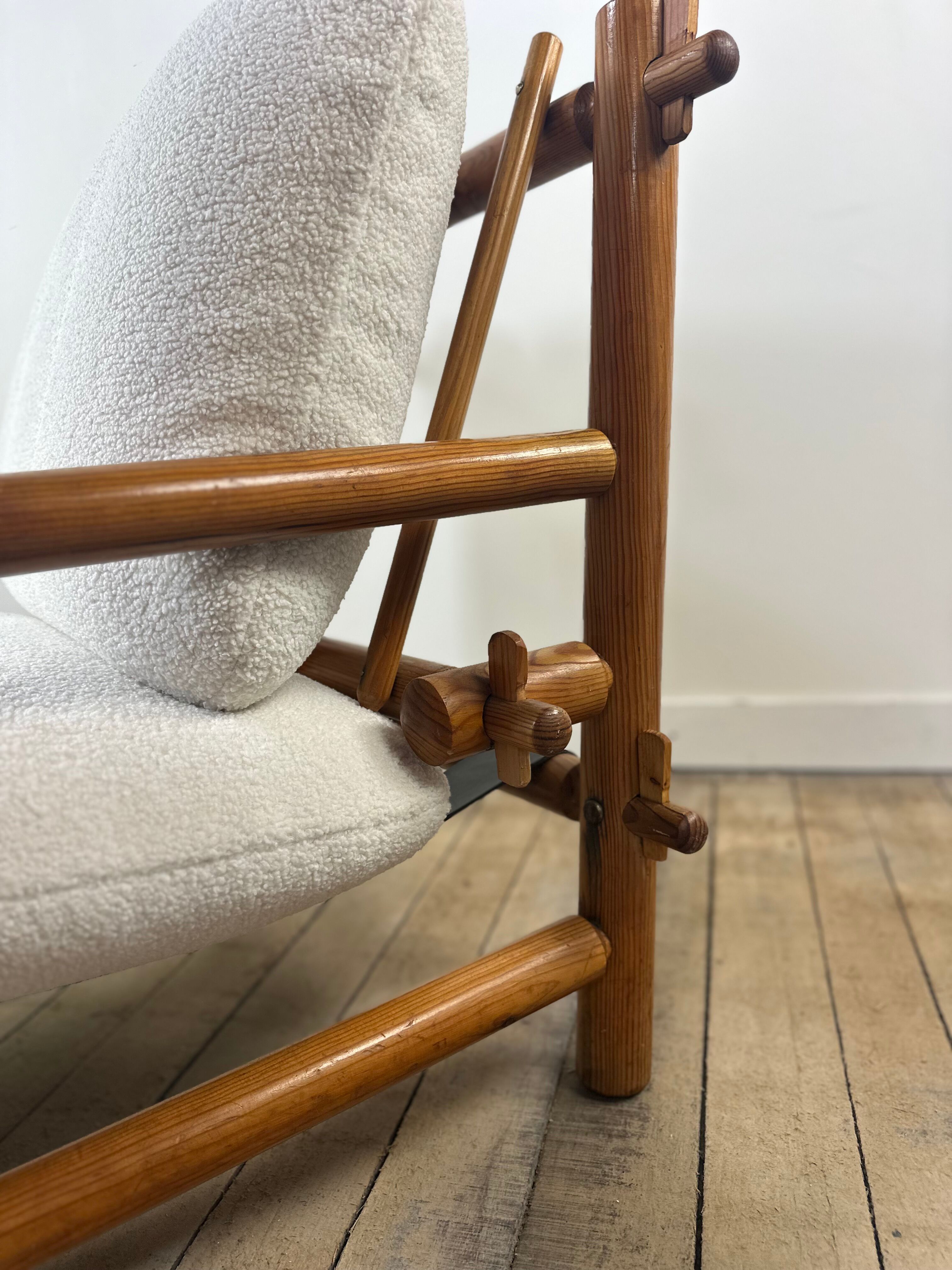 Vintage Lounge Armchair Solid Pine 1970 Boucle Fabric Ecru