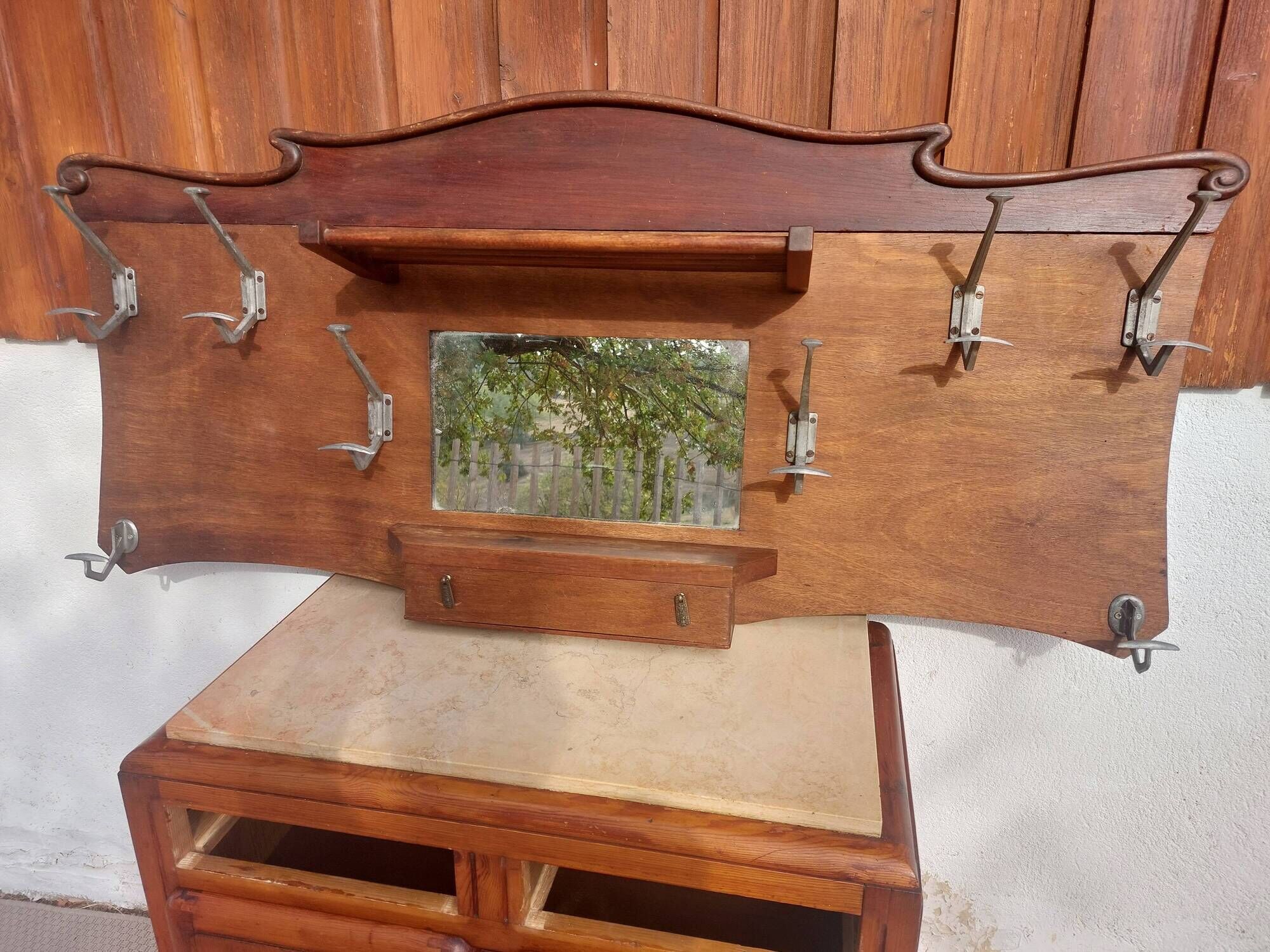 coat rack, hooks, wood and metal, vintage