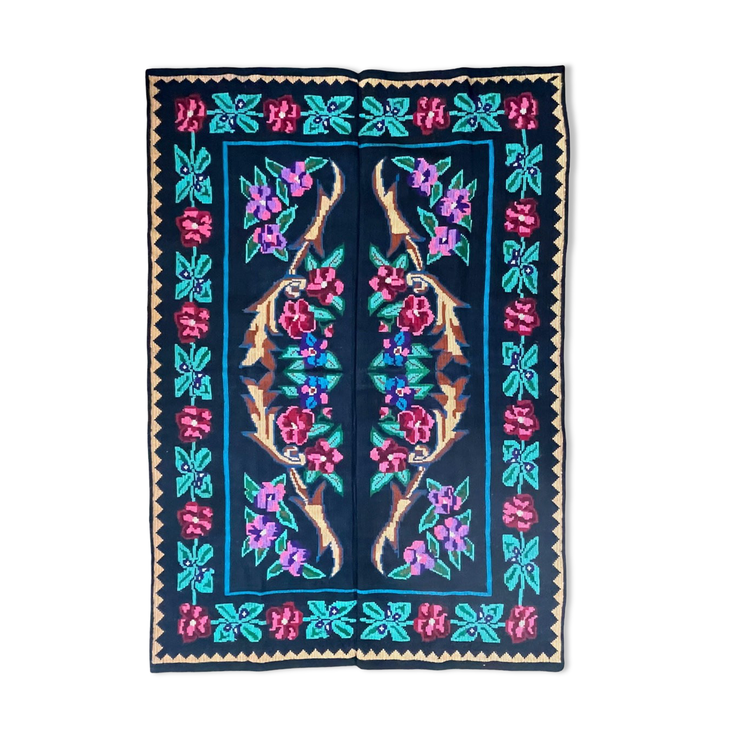 Vintage Romanian wool carpet floral design on black background 235x150cm