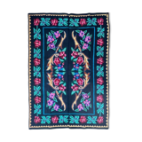 Vintage Romanian wool carpet floral design on black background 235x150cm