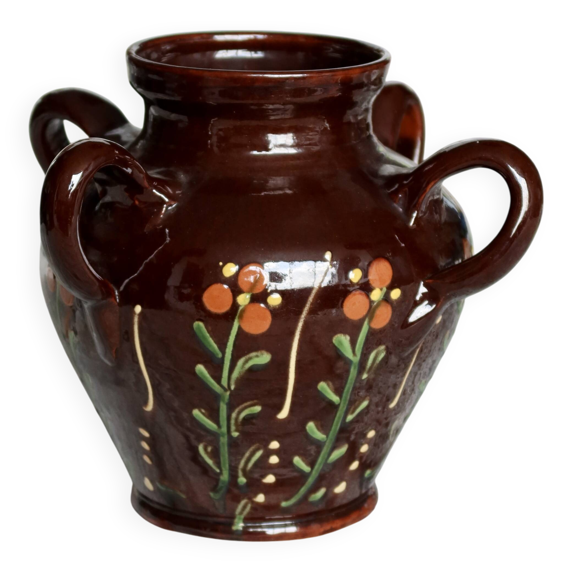 Jarre ancienne en céramique émaillée décorée de fleurs