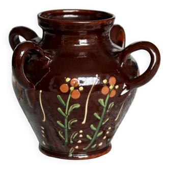 Large antique glazed ceramic jar - Floral motif