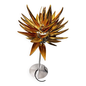 Aloe Blossom table lamp, designed by Jeremy Cole, bone china in gold with stainless steel frame and glass diffuser