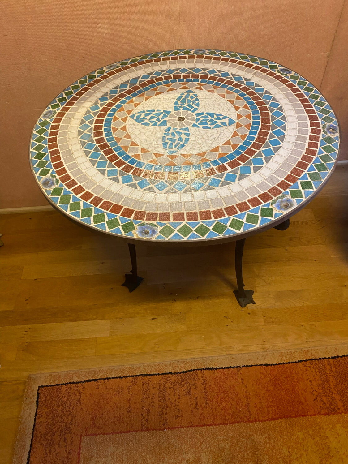 Mosaic garden table, gooseneck legs