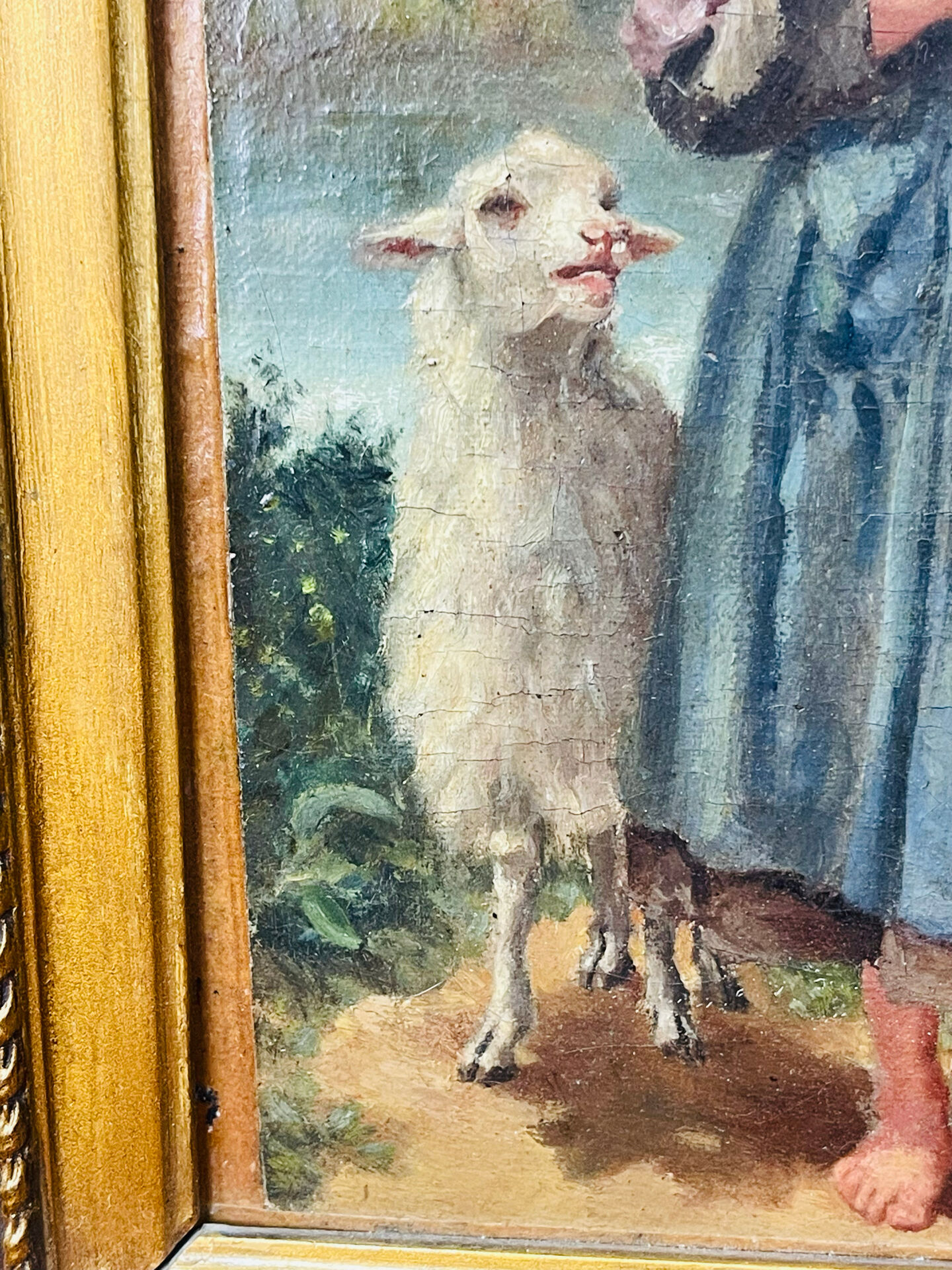 Oil painting on panel of a shepherdess with lambs after J.B. Hofner X