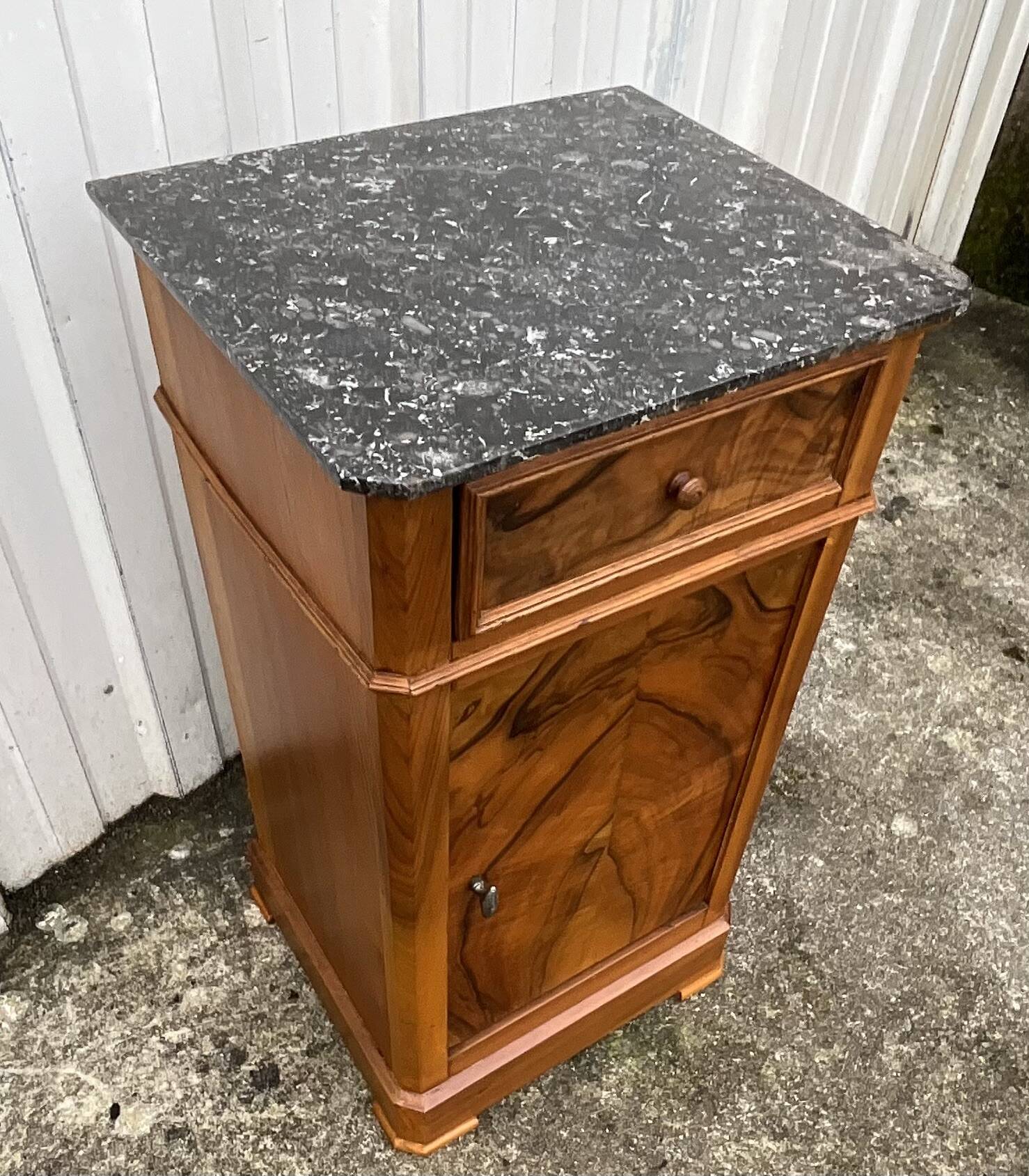 Louis Philippe style bedside table in burr walnut, late 19th century