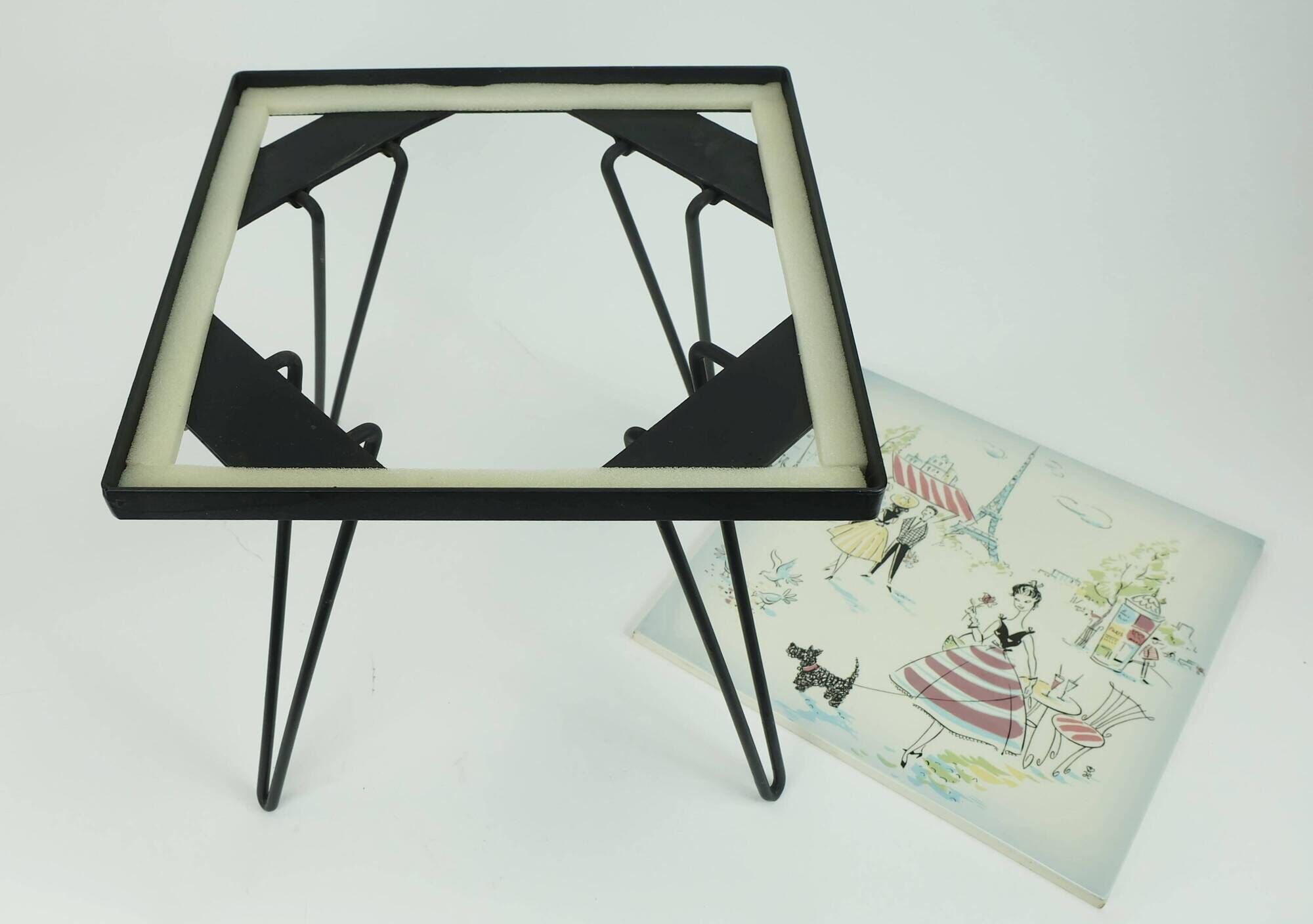 Plant stand with ceramic tile top paris motif metal frame hairpin legs 50s