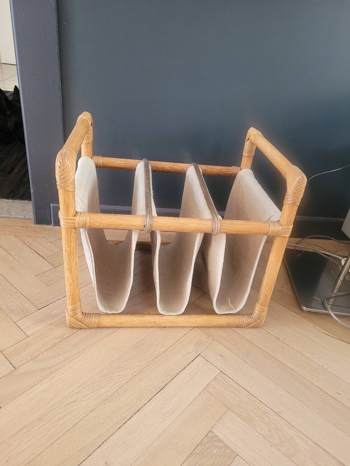 Vintage magazine rack made of bamboo, rattan and canvas