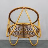 1960s Italian rattan coffee table with glass top, mid-century round design