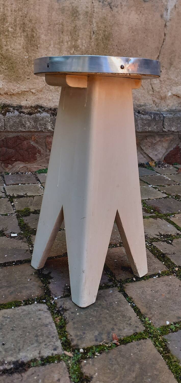 Tabouret,  porte plante vintage année 50 pied compas en chêne