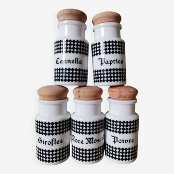 Set of 5 vintage spice jars white opaline black checkerboard screen printed Spanish