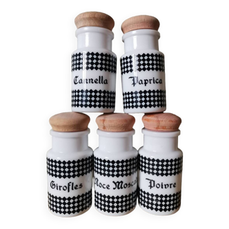 Set of 5 vintage spice jars white opaline black checkerboard screen printed Spanish