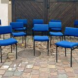 🪑 Set of 13 vintage blue fabric chairs – black metal legs – Guer style
