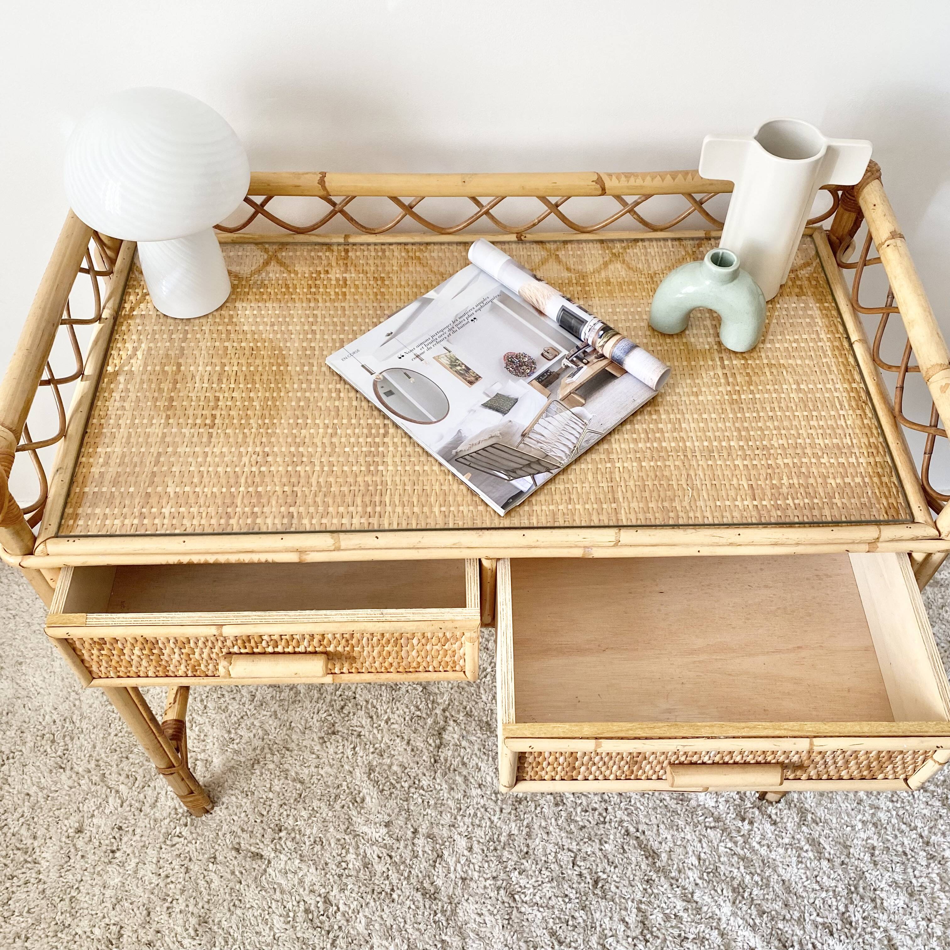 Vintage rattan desk with stool