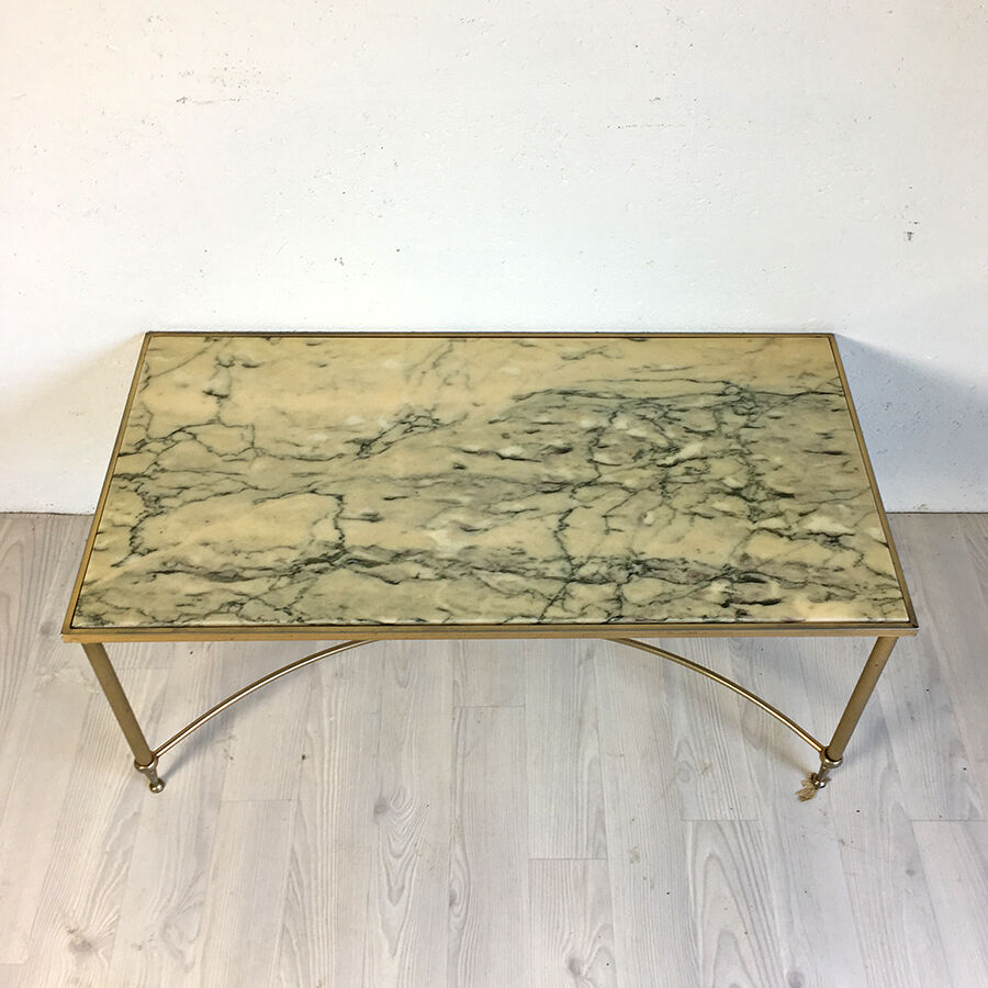 Table low vintage 70's Golden brass and black veined white marble