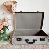Old metal suitcase green leather handle