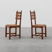 Two Mid-Century Modern Brutalist Oak and Wicker Chairs, 1960