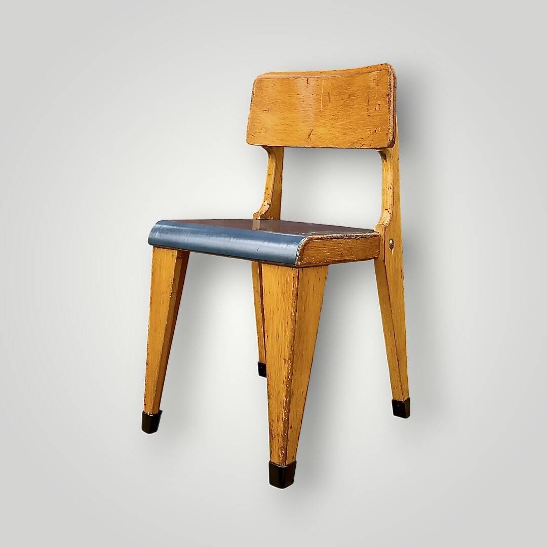 Antique Zabo children's chair (attributed) – varnished wood & blue seat