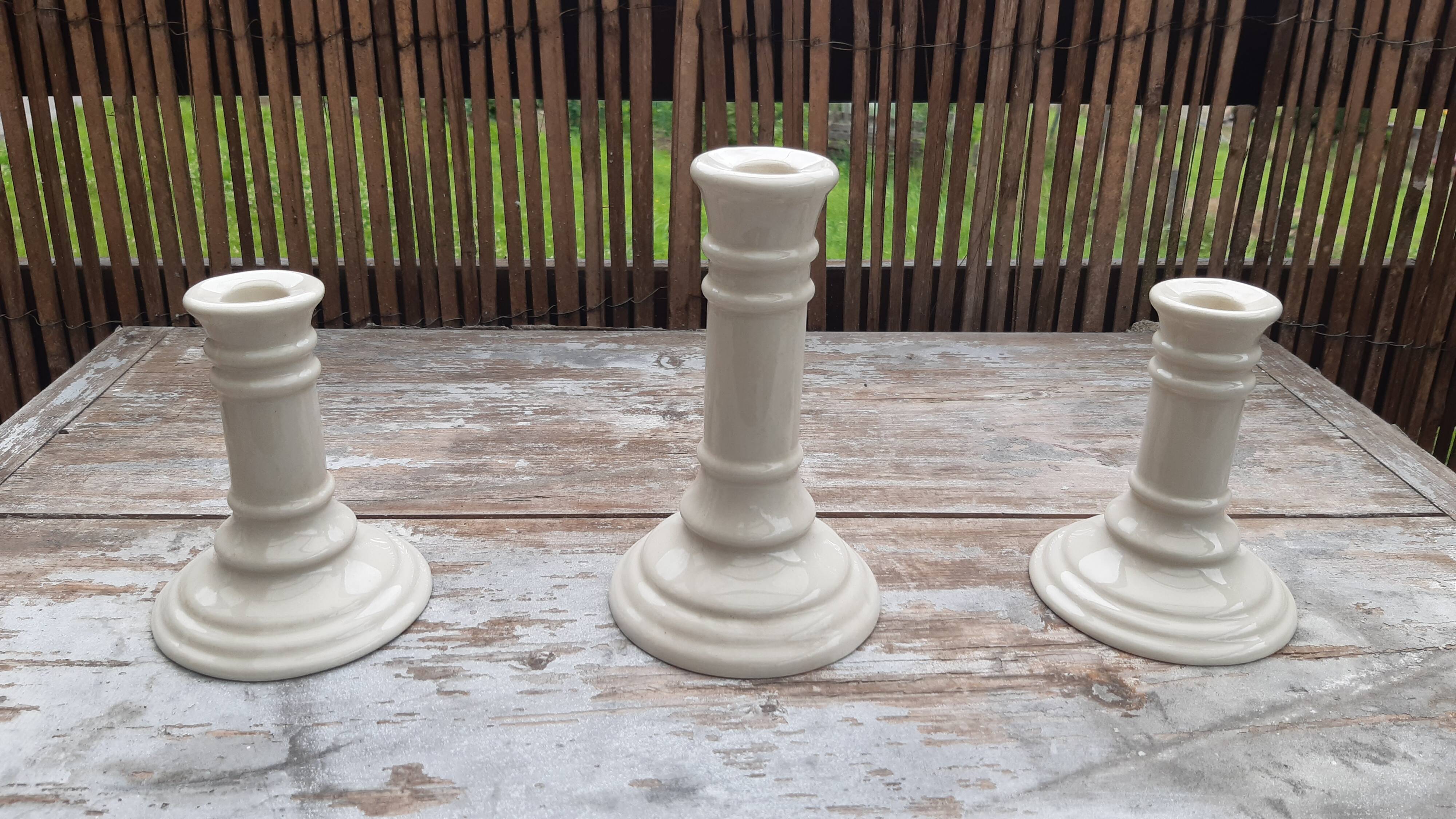 Set of 3 earthenware candlesticks from Villenauxe