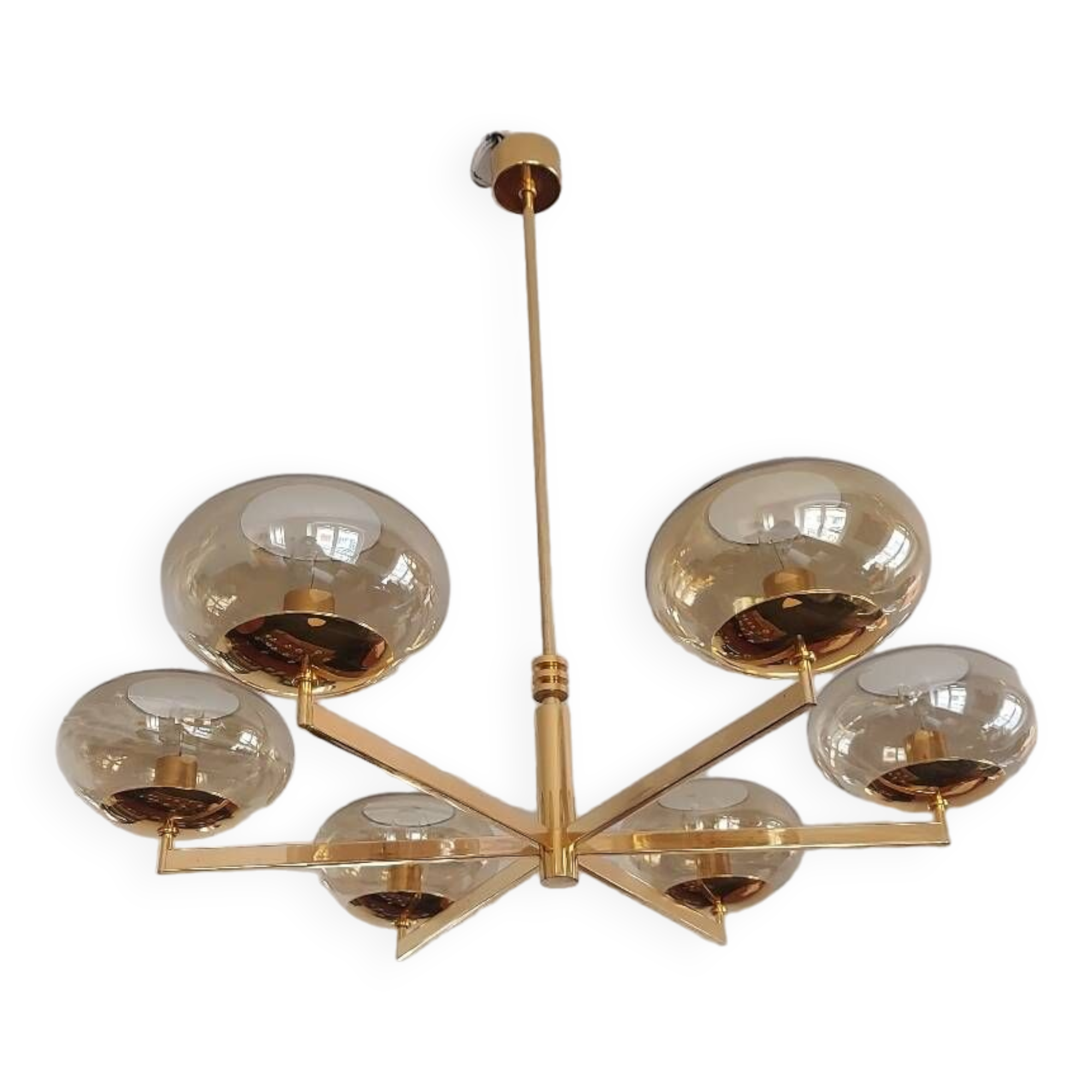 6-light chandelier by Italian designer Gaetano Sciolari gilded with fine gold and iridescent and light amber glass - 1970s - Vintage