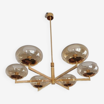 6-light chandelier by Italian designer Gaetano Sciolari gilded with fine gold and iridescent and light amber glass - 1970s - Vintage