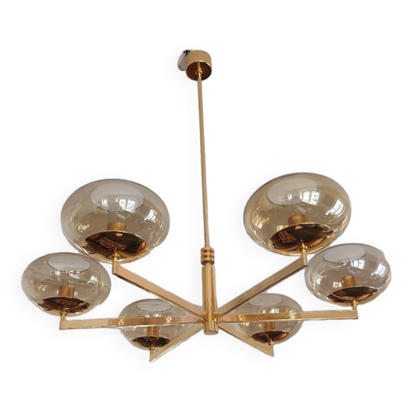 Lustre 6 feux du designer italien Gaetano Sciolari doré à l'or fin et verre Irisé et ambré clair - Années 70 - Vintage