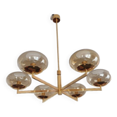 Lustre 6 feux du designer italien Gaetano Sciolari doré à l'or fin et verre Irisé et ambré clair - Années 70 - Vintage