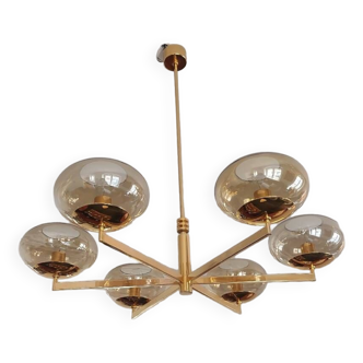 6-light chandelier by Italian designer Gaetano Sciolari gilded with fine gold and iridescent and light amber glass - 1970s - Vintage