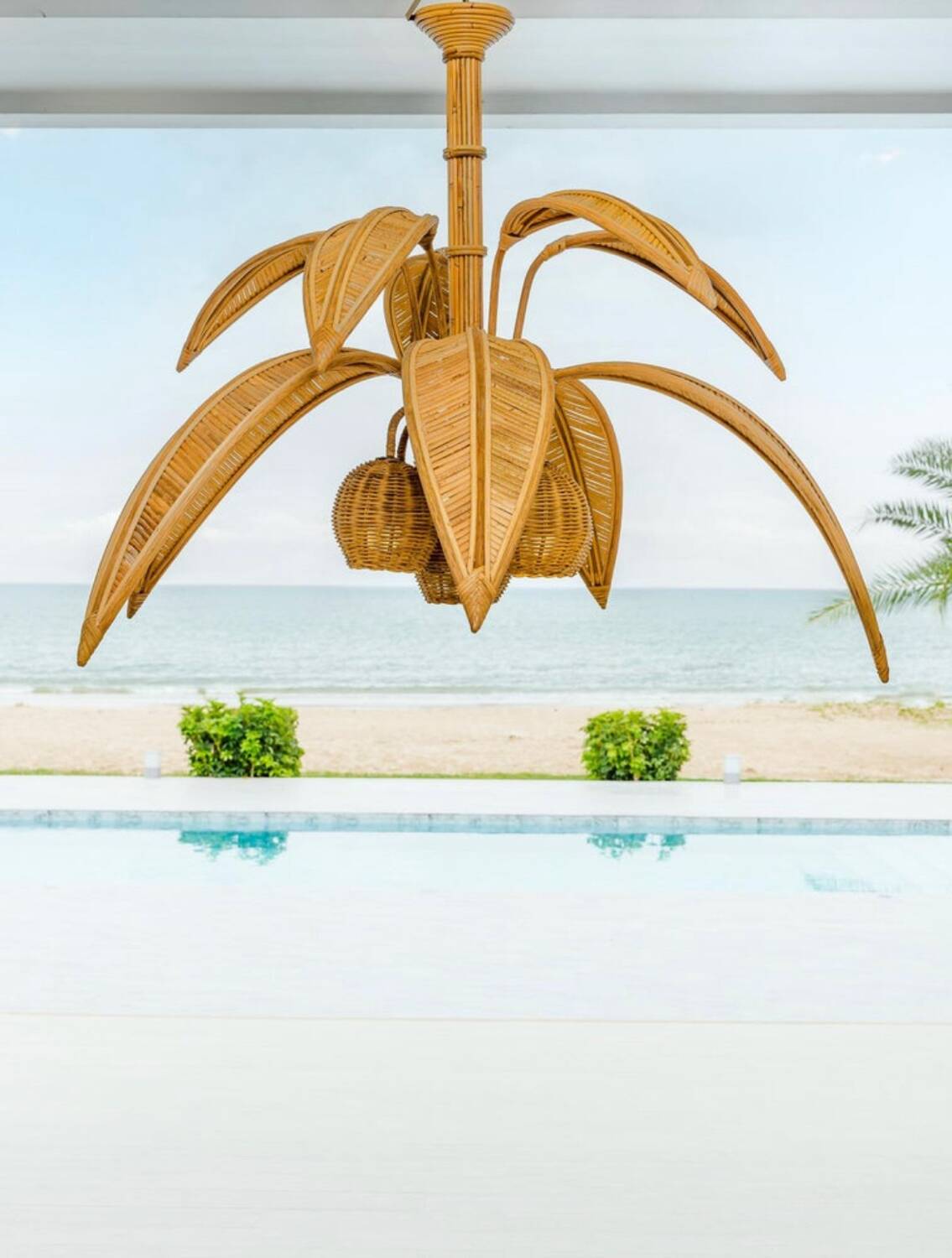 Coconut tree & palm tree pendant light in natural rattan