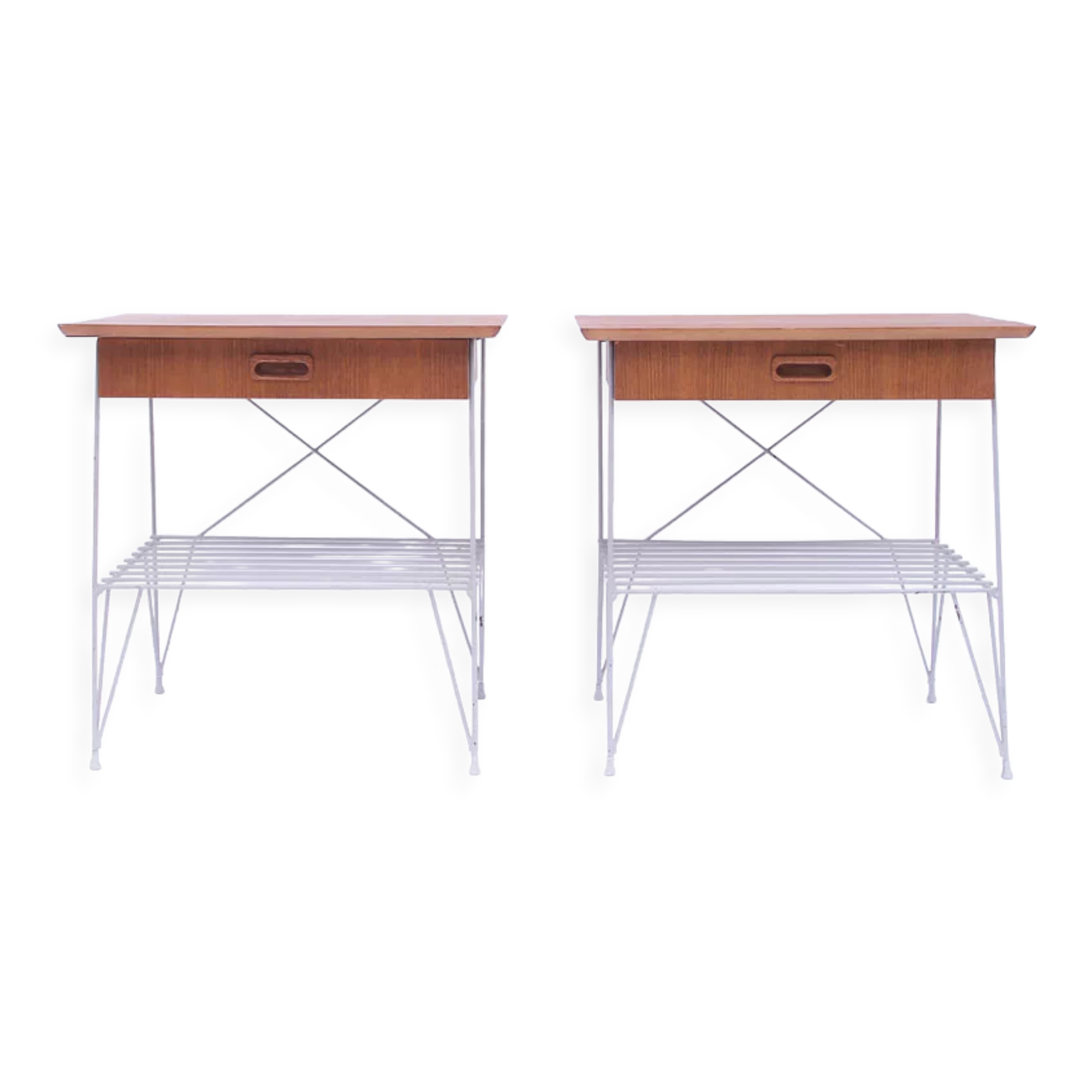 Pair of vintage Danish Scandinavian bedside tables teak & metal