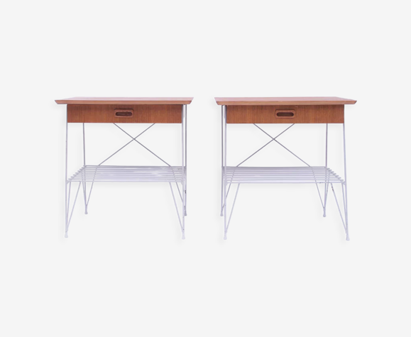 Pair of vintage Danish Scandinavian bedside tables teak & metal