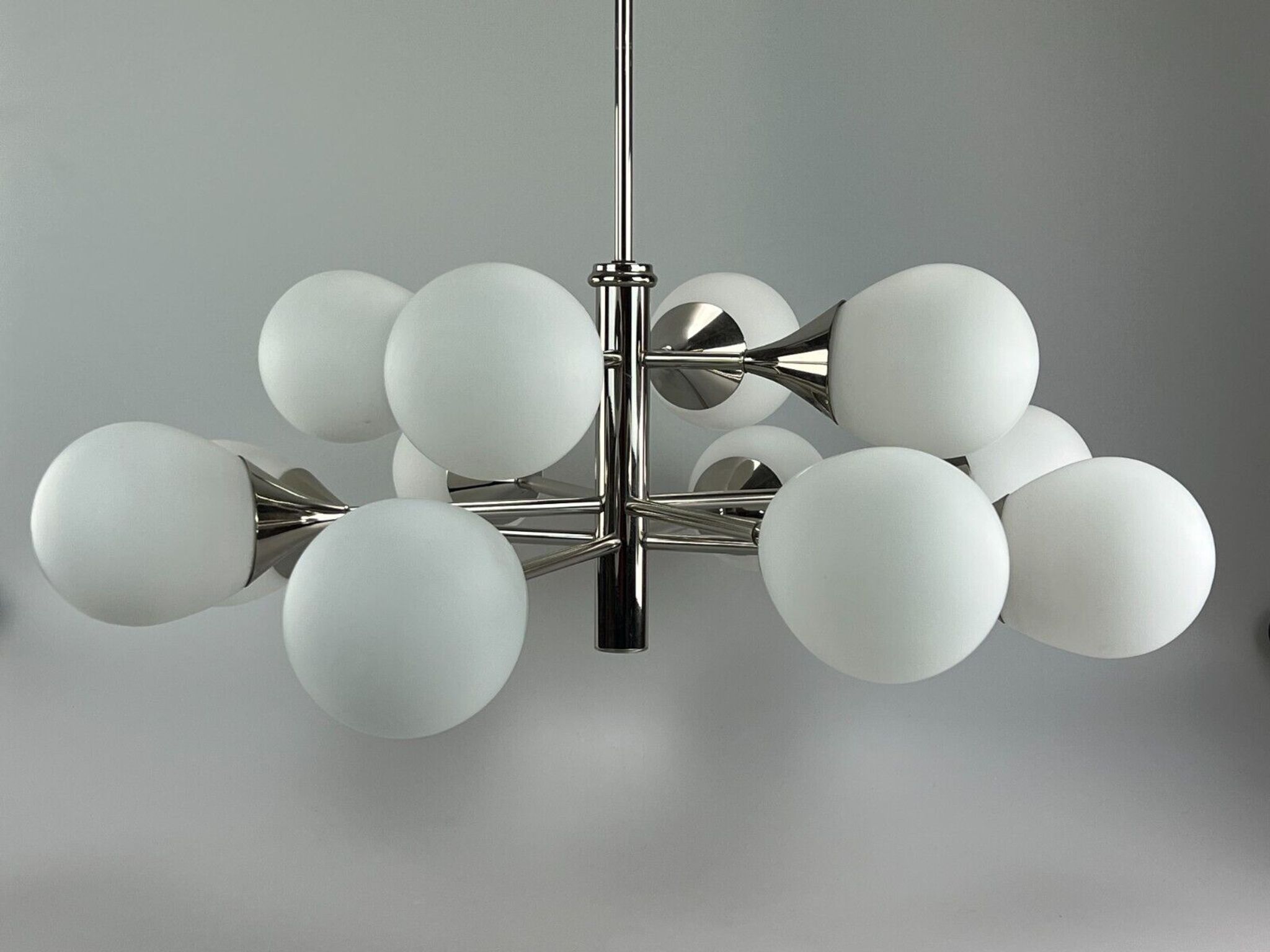 12-flame Sputnik chandelier from the 1960s and 1970s, Kaiser Leuchten, opal glass design